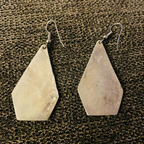 Vintage Alpaca Mexico Silver Tone Turquoise Inlay Earrings Pierced Pair - Picture 3 of 5